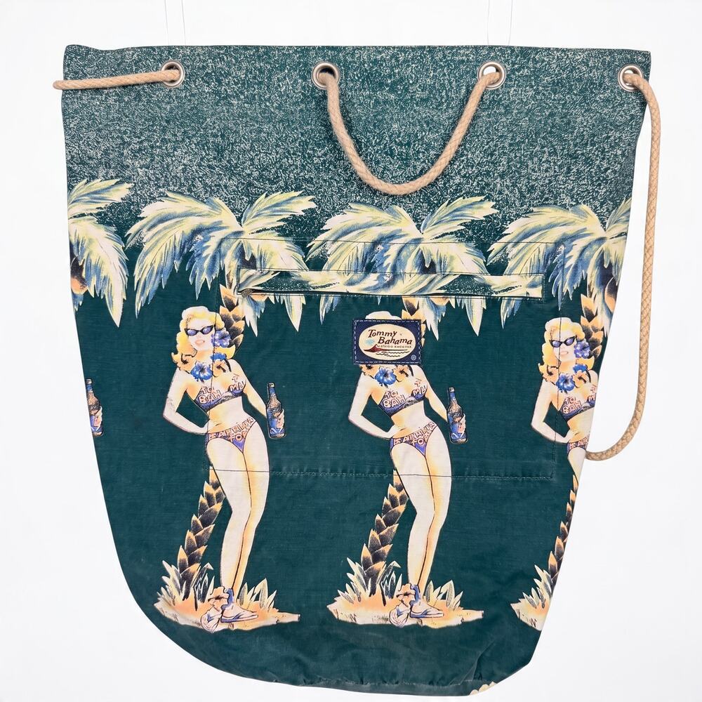 Vintage Tommy Bahama Drawstring Bag Pinup Bikini Girl Beach Babe Palm Tree Print